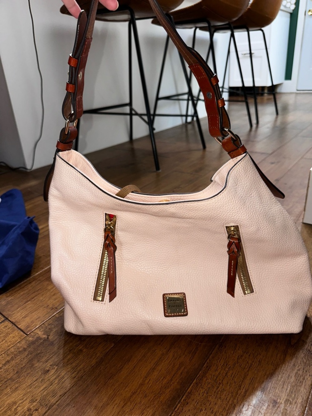 Dooney & Bourke Blush Pebbled Leather Shoulder Bag with Brown Trim